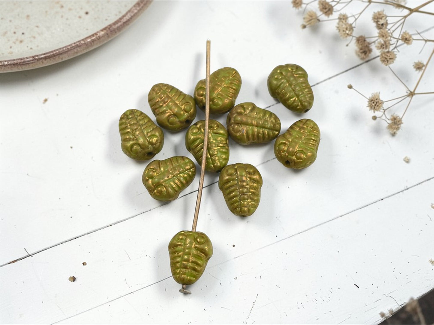 *10* 10x8mm Gold Washed Olive Green Trilobite Beads