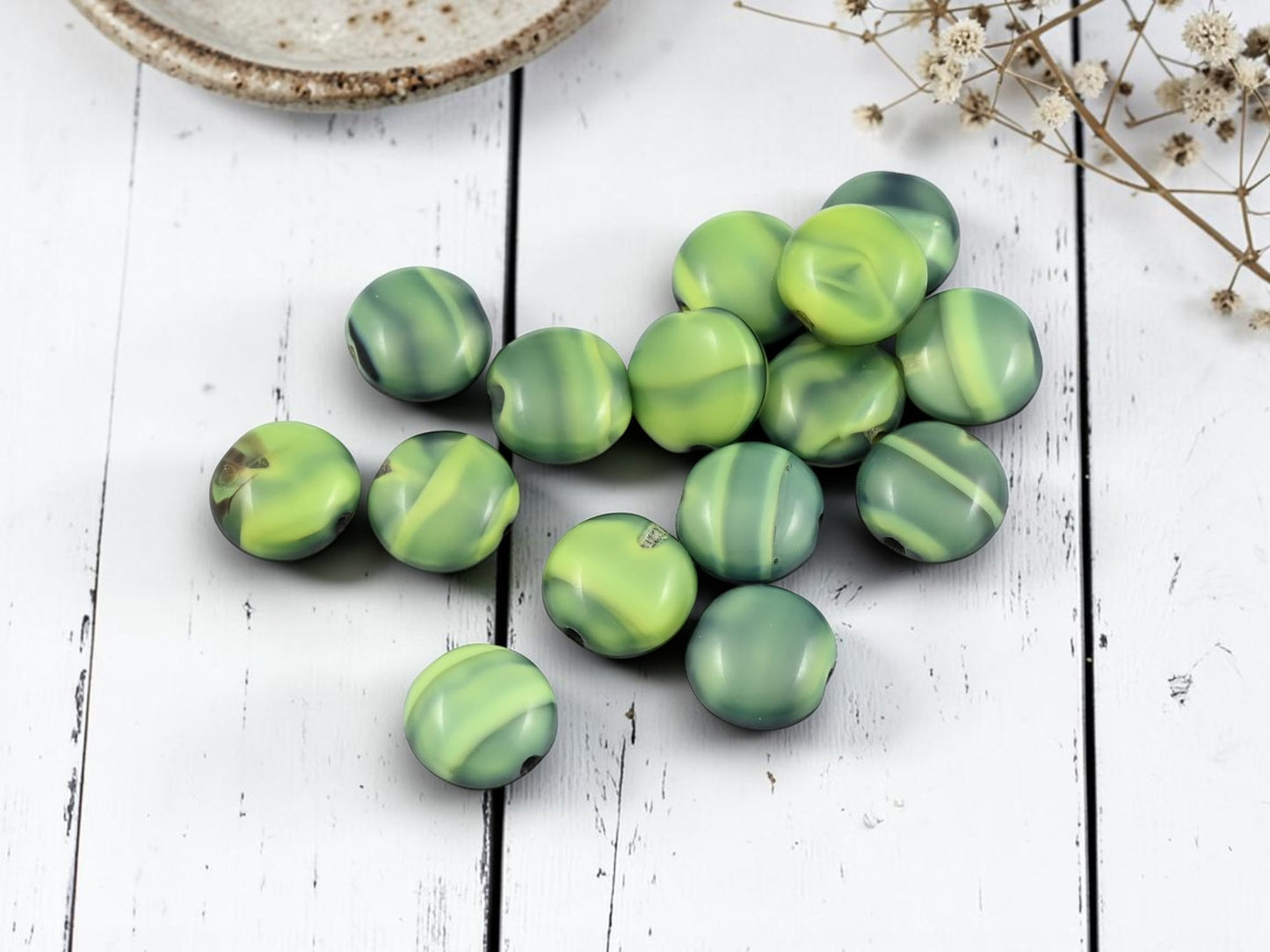 *15* 10mm Green Givre Lentil Coin Beads