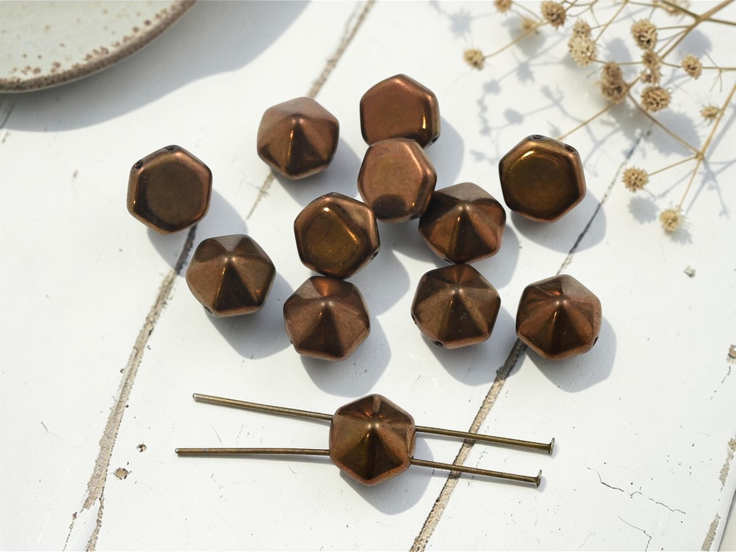 *12* 12mm Metallic Bronze 2 Hole Hexagon Pyramid Beads
