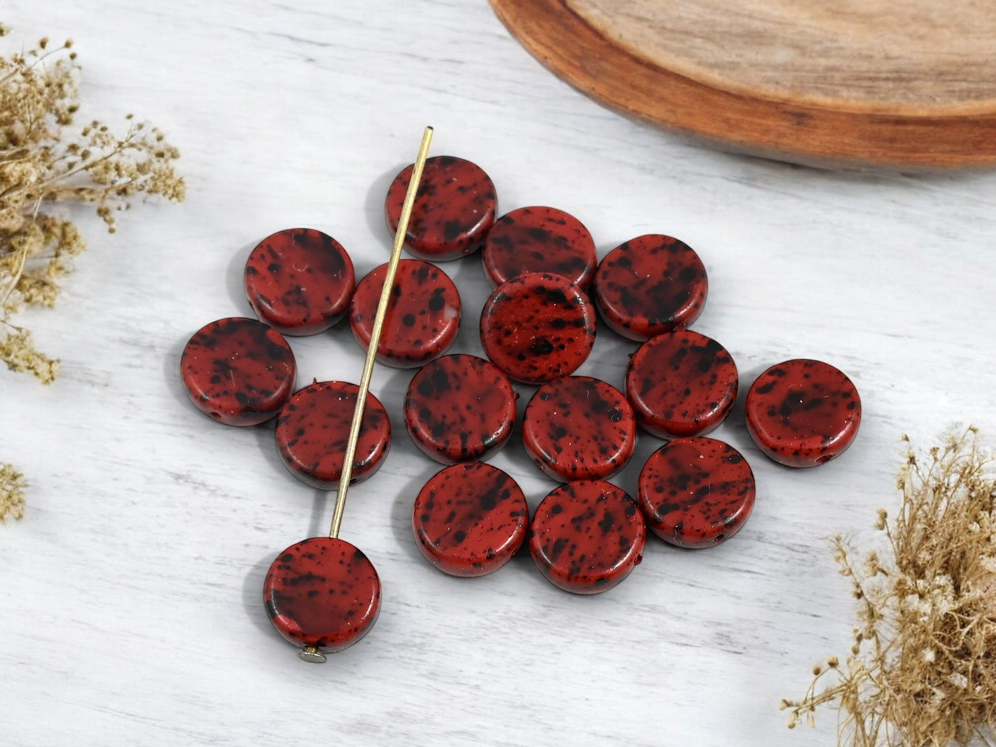 *25* 10mm Black Speckled Opaque Red Coin Beads