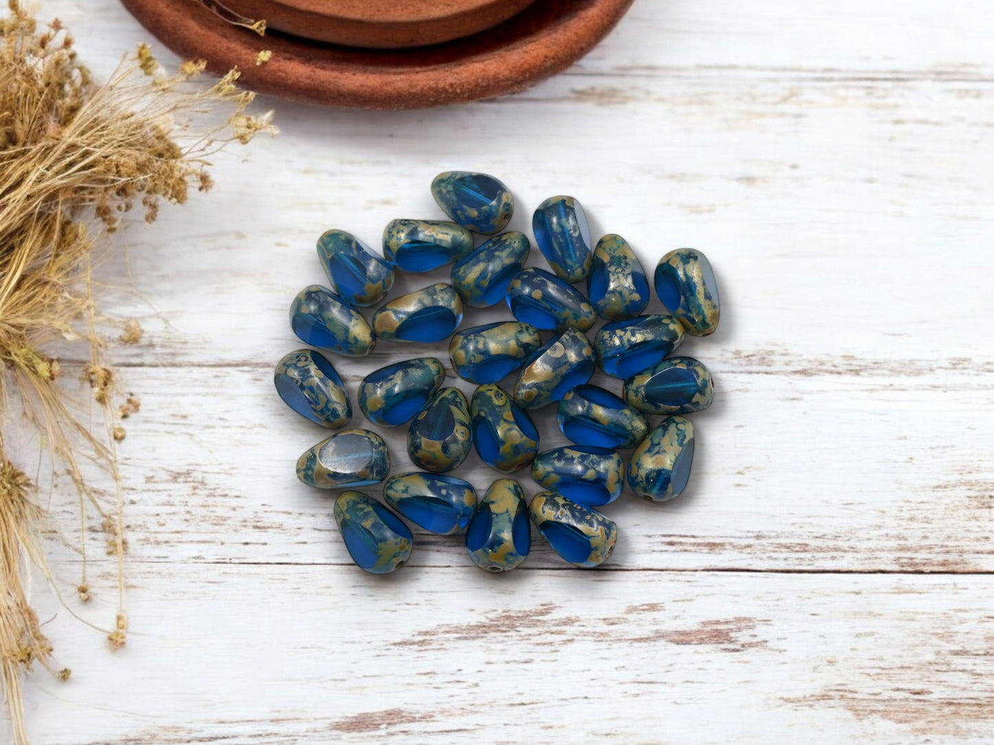*25* 11x7mm Capri Blue Picasso Table Cut Teardrop Beads