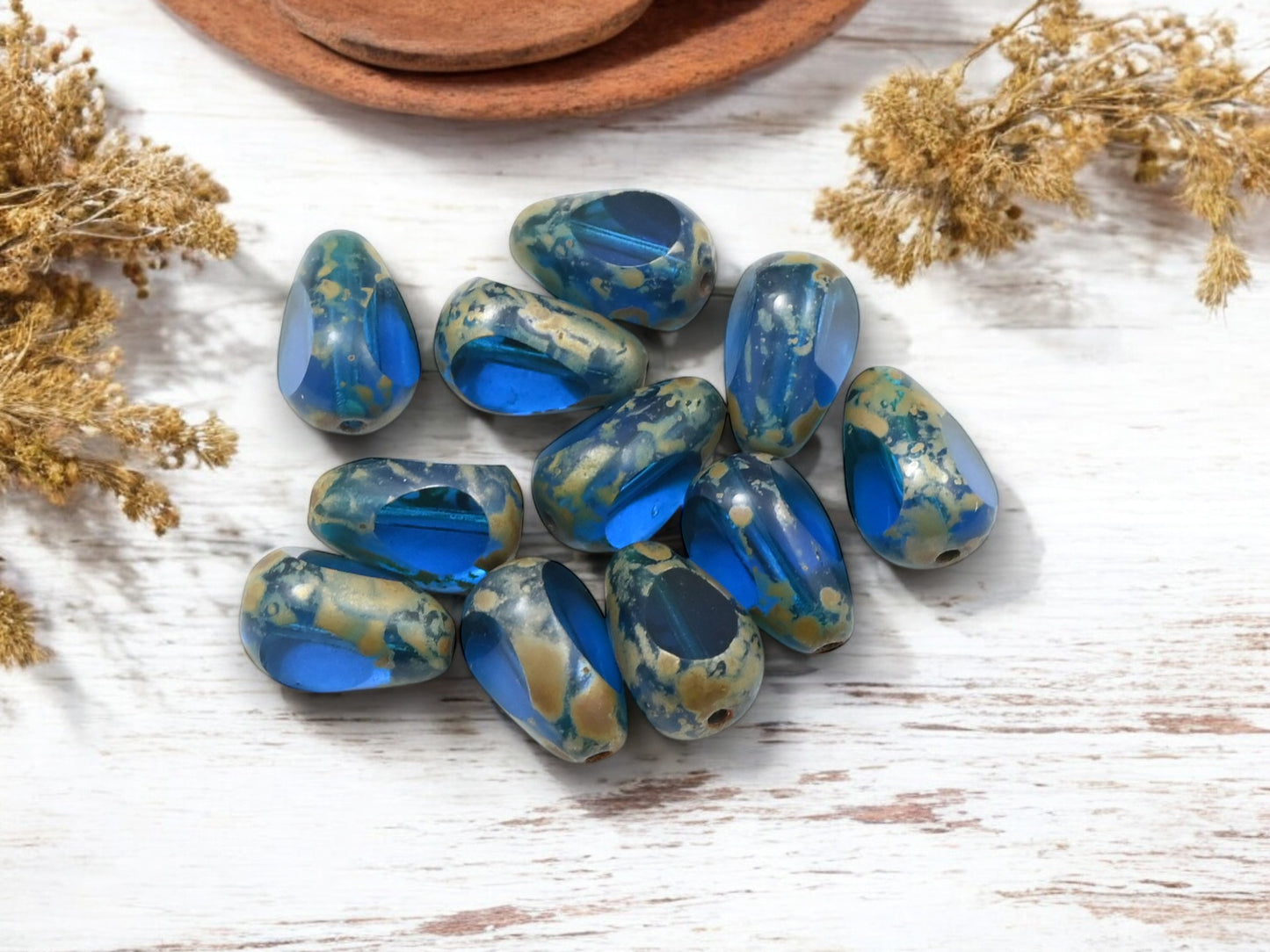 *25* 11x7mm Capri Blue Picasso Table Cut Teardrop Beads