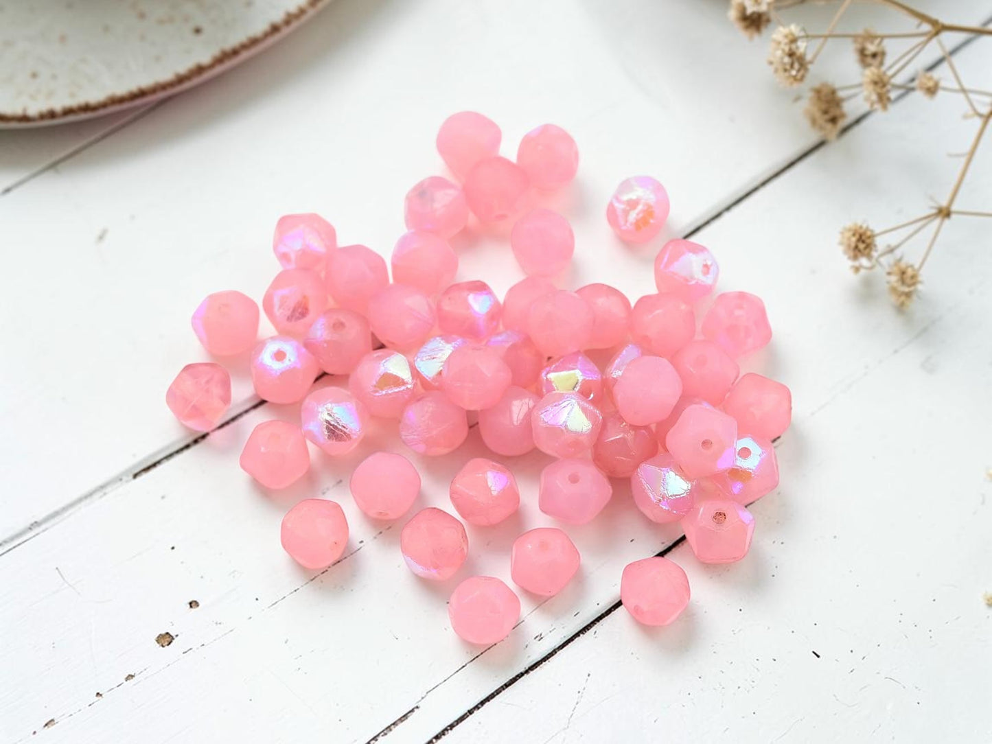 *50* 6mm Pink Opaline AB English Cut Round Beads