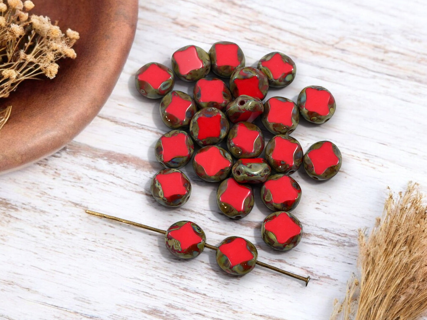 *25* 9x8mm Opaque Red Picasso Table Cut Diamond Oval Beads