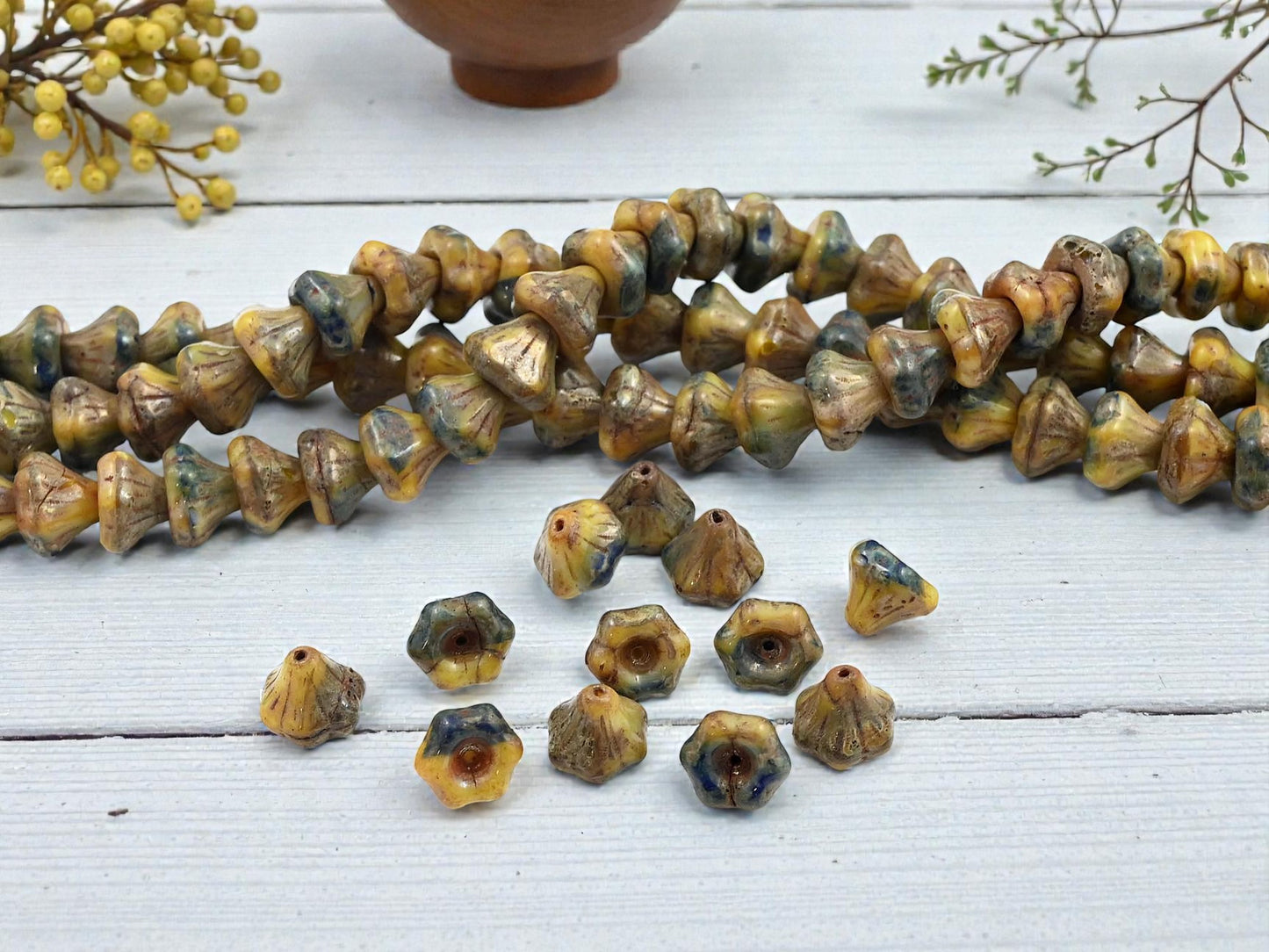 *25* 8x10mm Blended Travertine Glass Bell Flower Beads