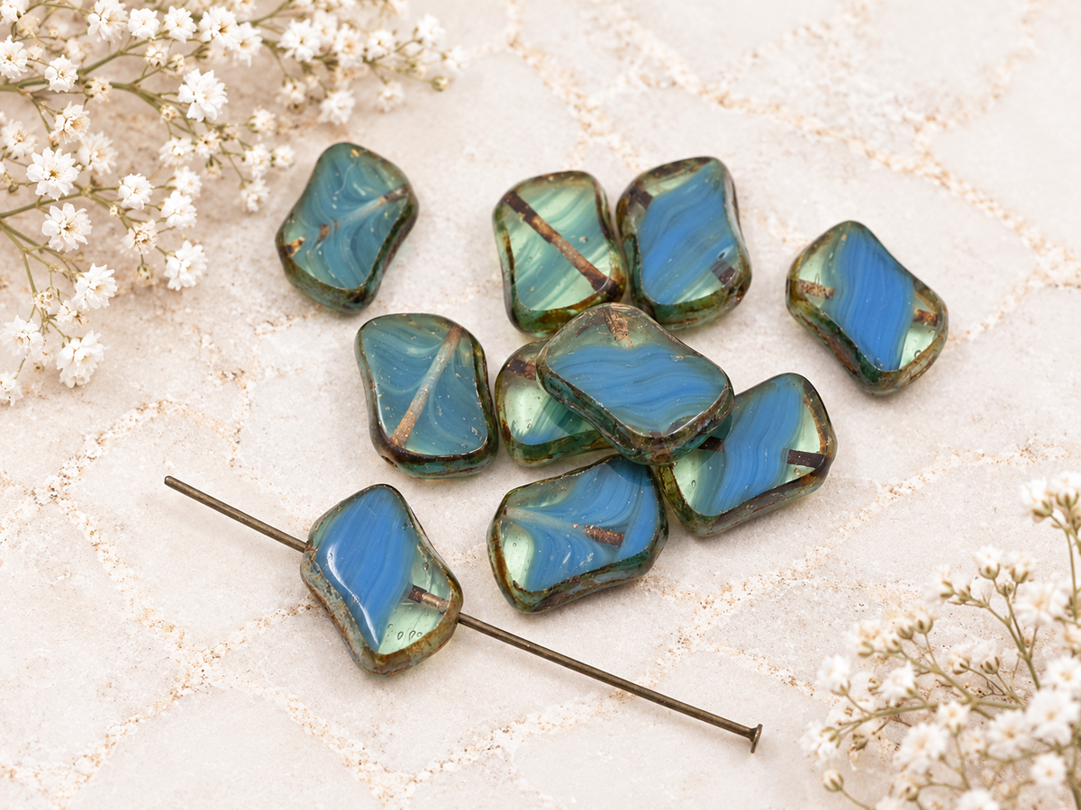 *10* 14x9mm Blended Blue + Bottle Green Picasso Diagonal Drilled Rectangle Beads