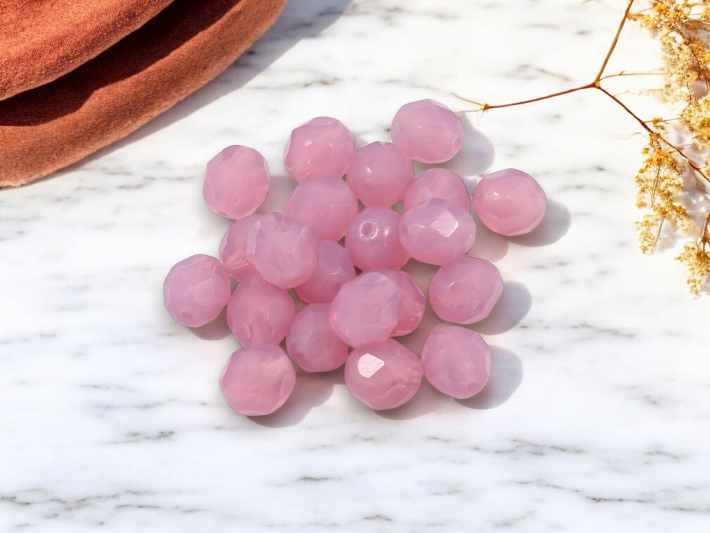 *25* 8mm Milky Pink Fire Polished Round Beads