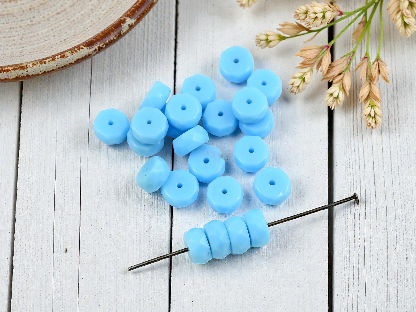 *25* 8x4mm Opaque Sky Blue Fire Polished Heishi Rondelle Beads