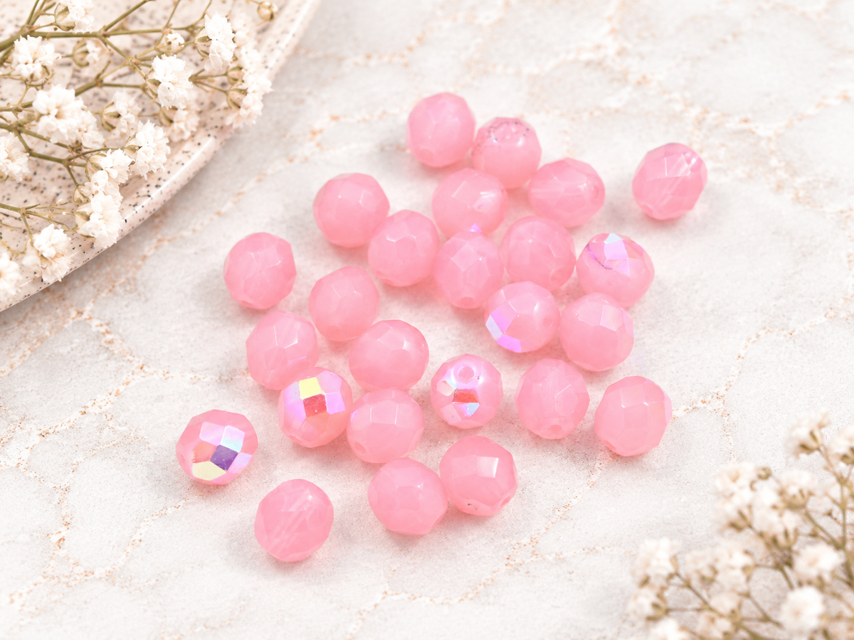 *25* 8mm Pink Opaline AB Fire Polished Round Beads