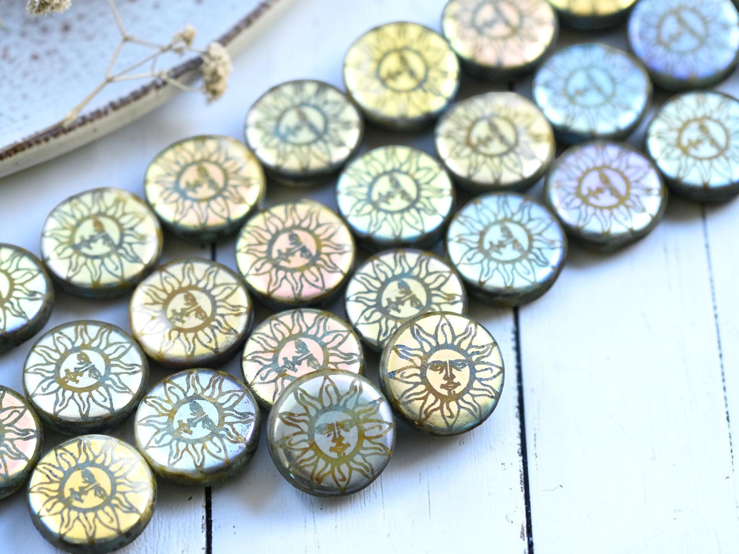*4* 14mm Blue Turquoise Picasso AB Laser Tattoo Moon Face Beads