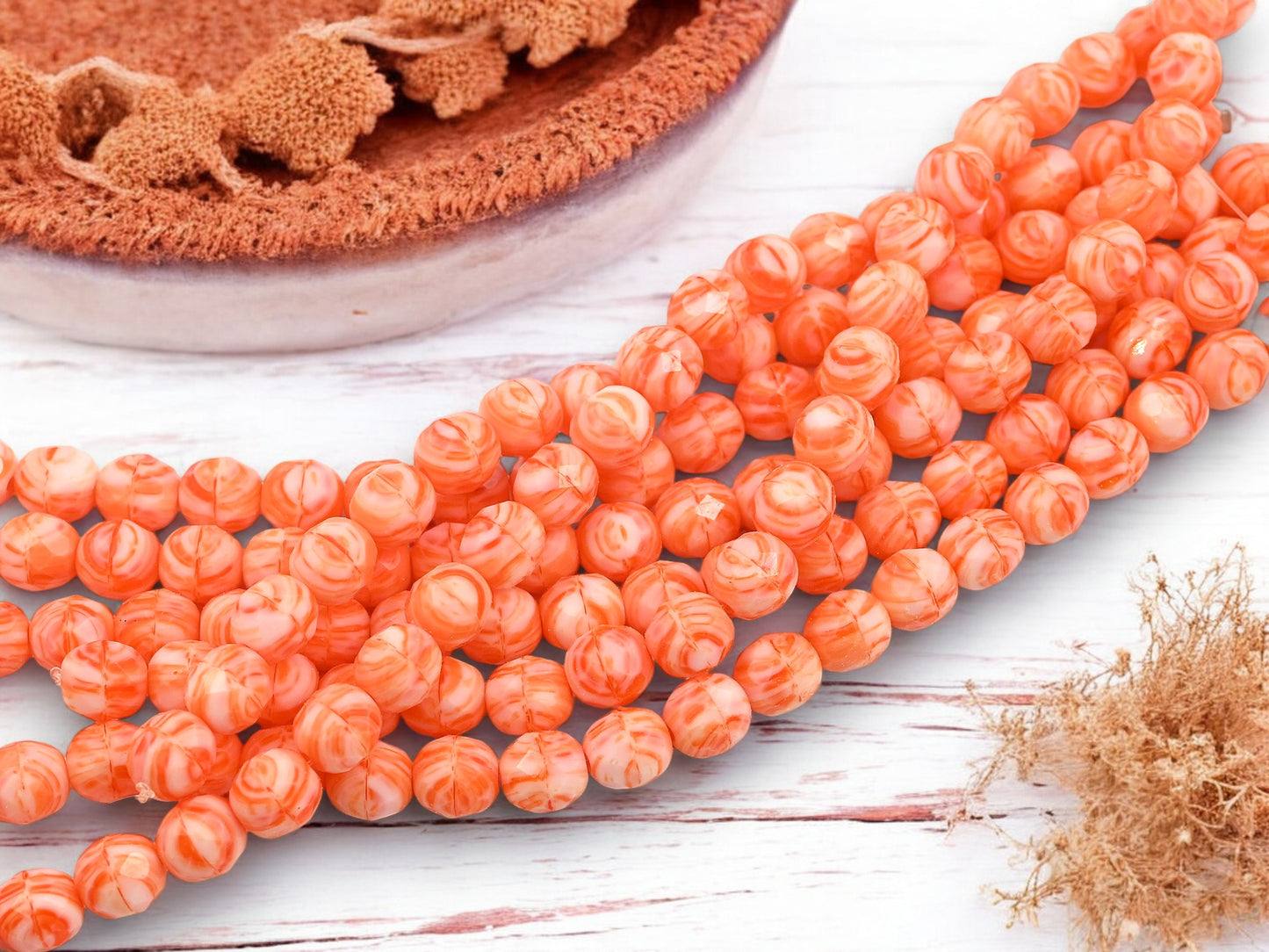 *20* 8mm Orange + White Swirl Fire Polished Round Beads