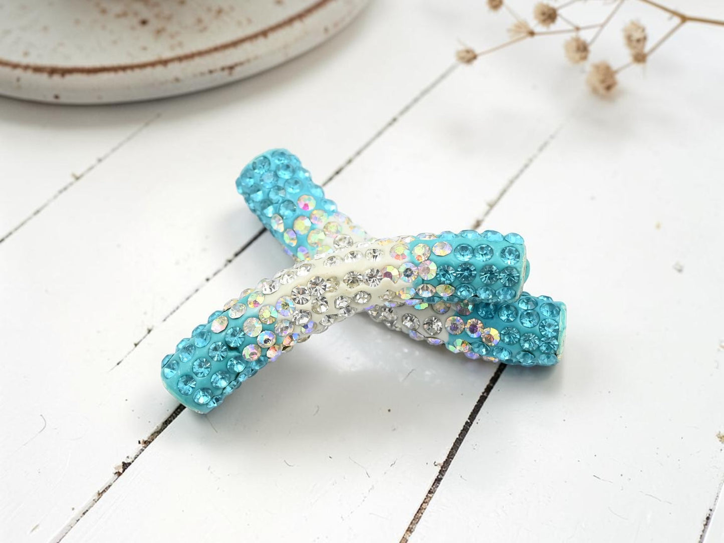 47x9mm Aqua/white Crystal Curved Tube Bead - 1 piece