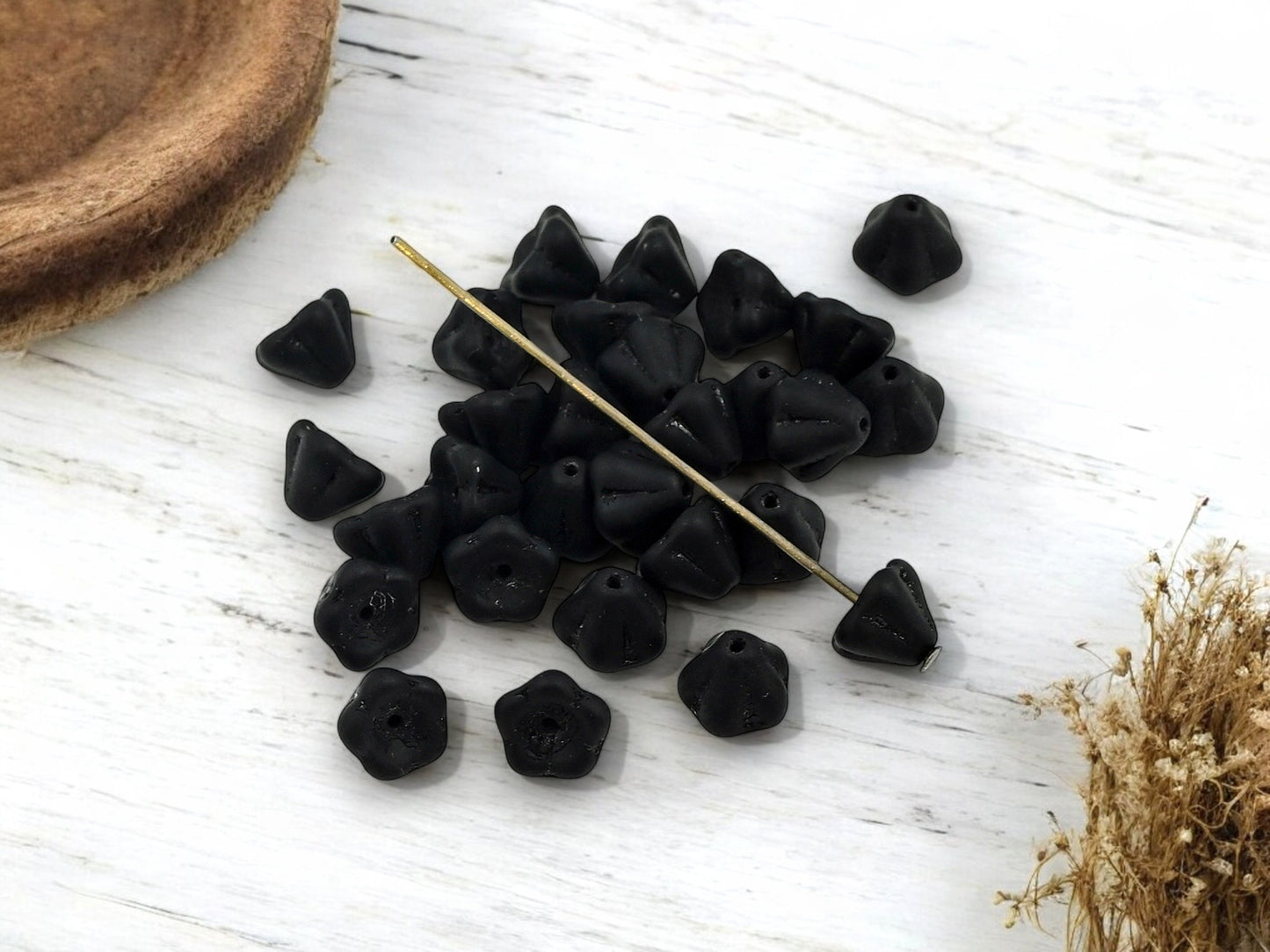 *50* 6x8mm Opaque Matte Black Bell Flower Beads