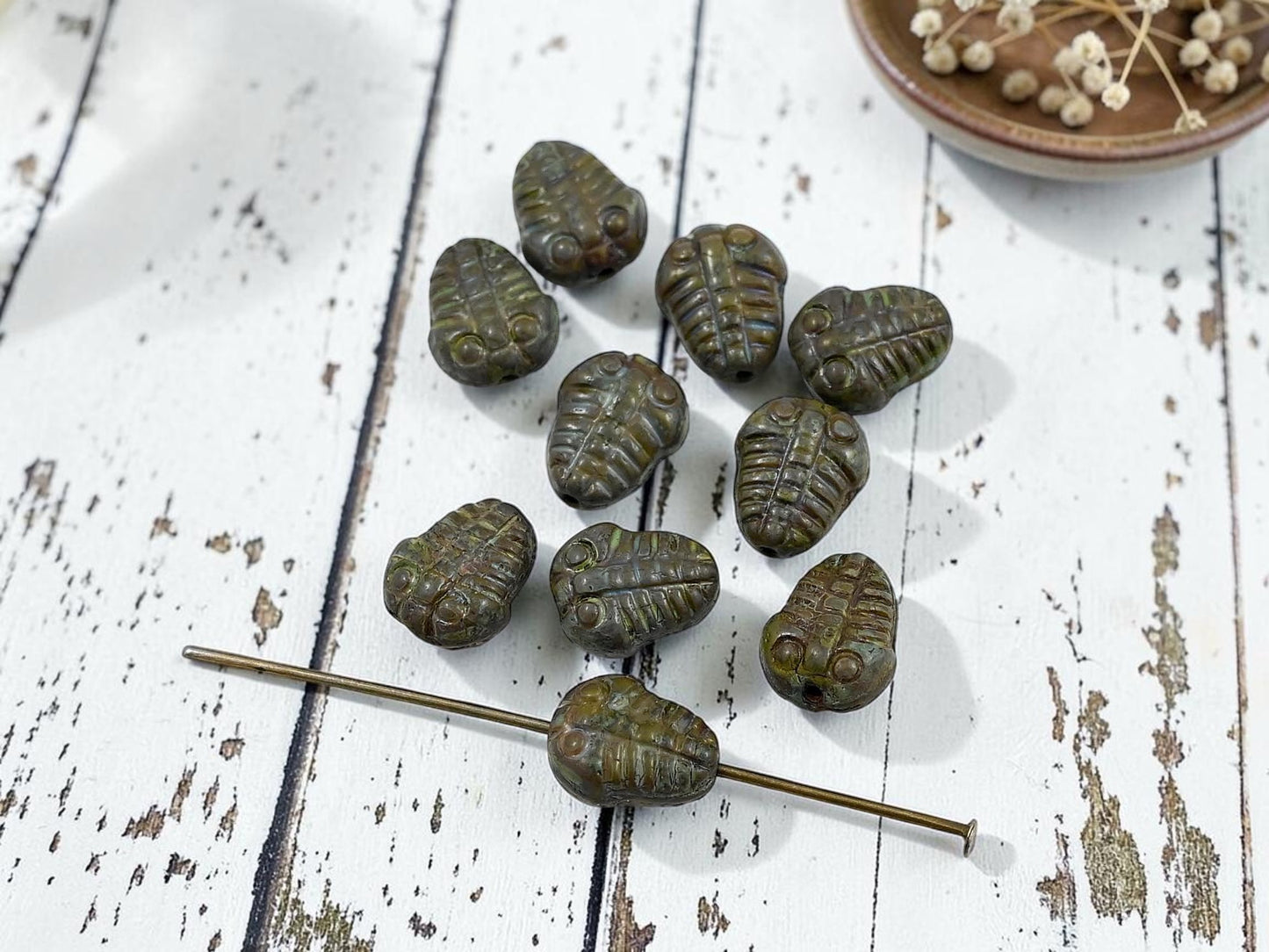 *10* 10x8mm Opaque Chartreuse Green Travertine Trilobite Beads
