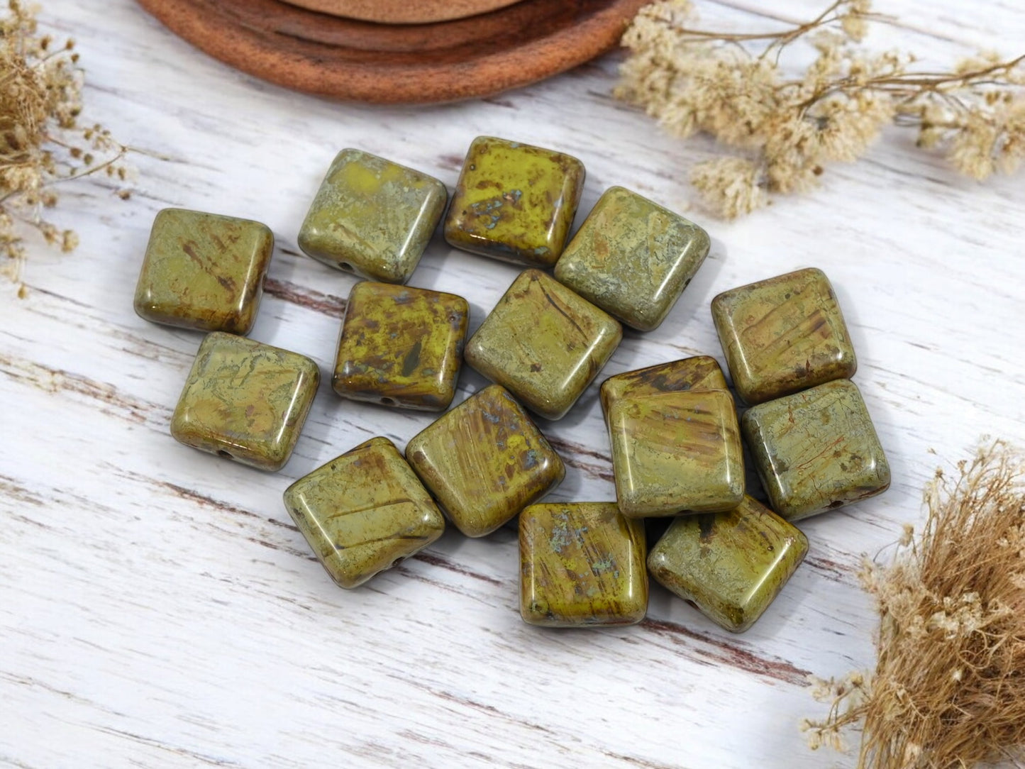 *15* 10mm Gaspeite Green Picasso Flat Square Beads