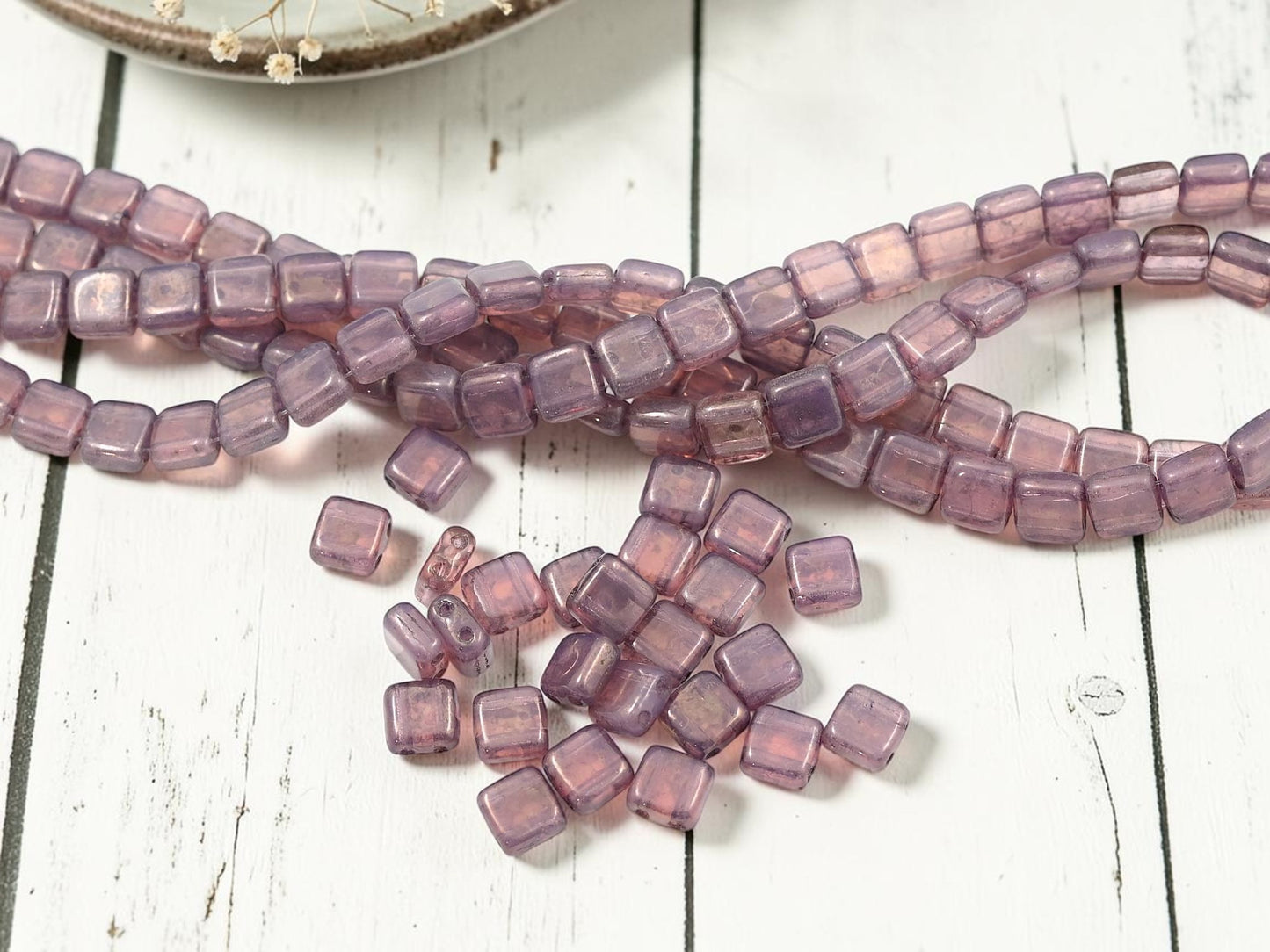 *50* 6mm Milky Pink Moon Dust 2 Hole Tile Beads