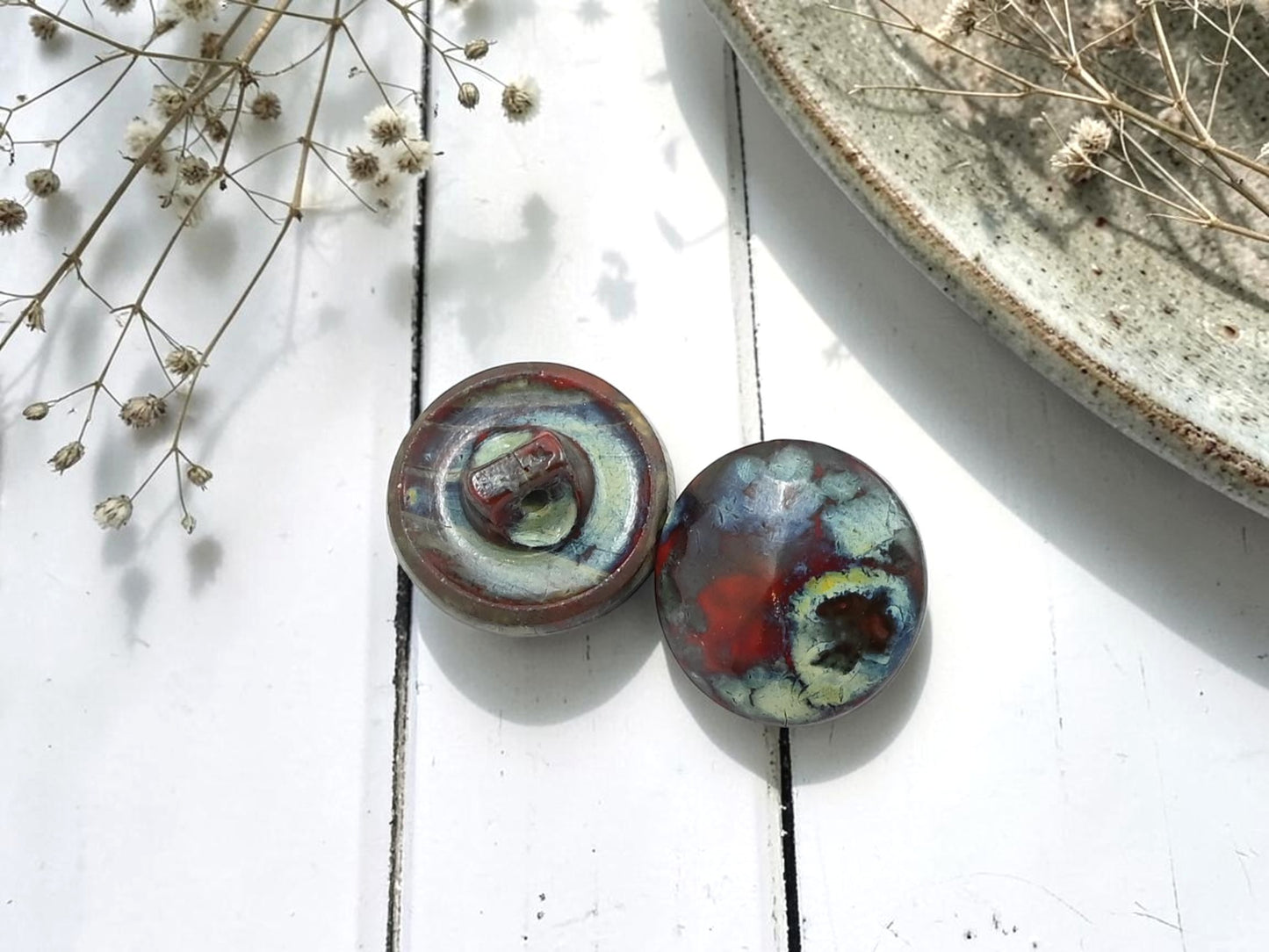 14mm Red Picasso Czech Glass Shank Button