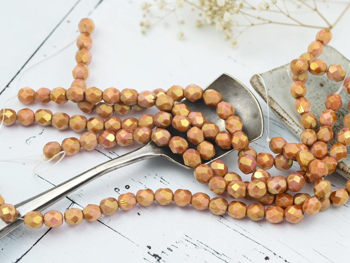 *25* 6mm Opaque Rose Gold Topaz Picasso Fire Polished Round Beads