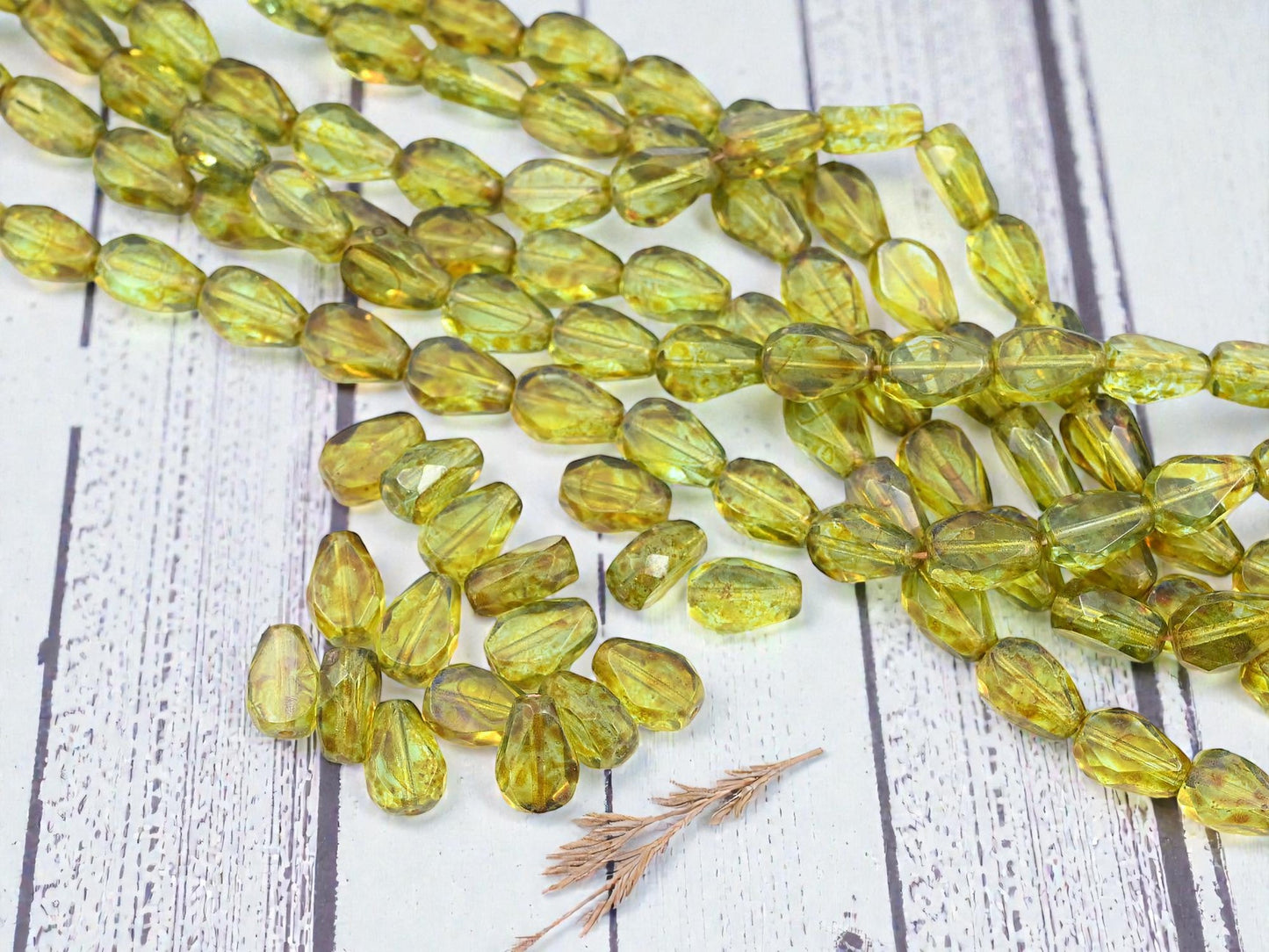 *15* 10x7mm Olive Green Picasso Fire Polished Table Cut Teardrop Beads