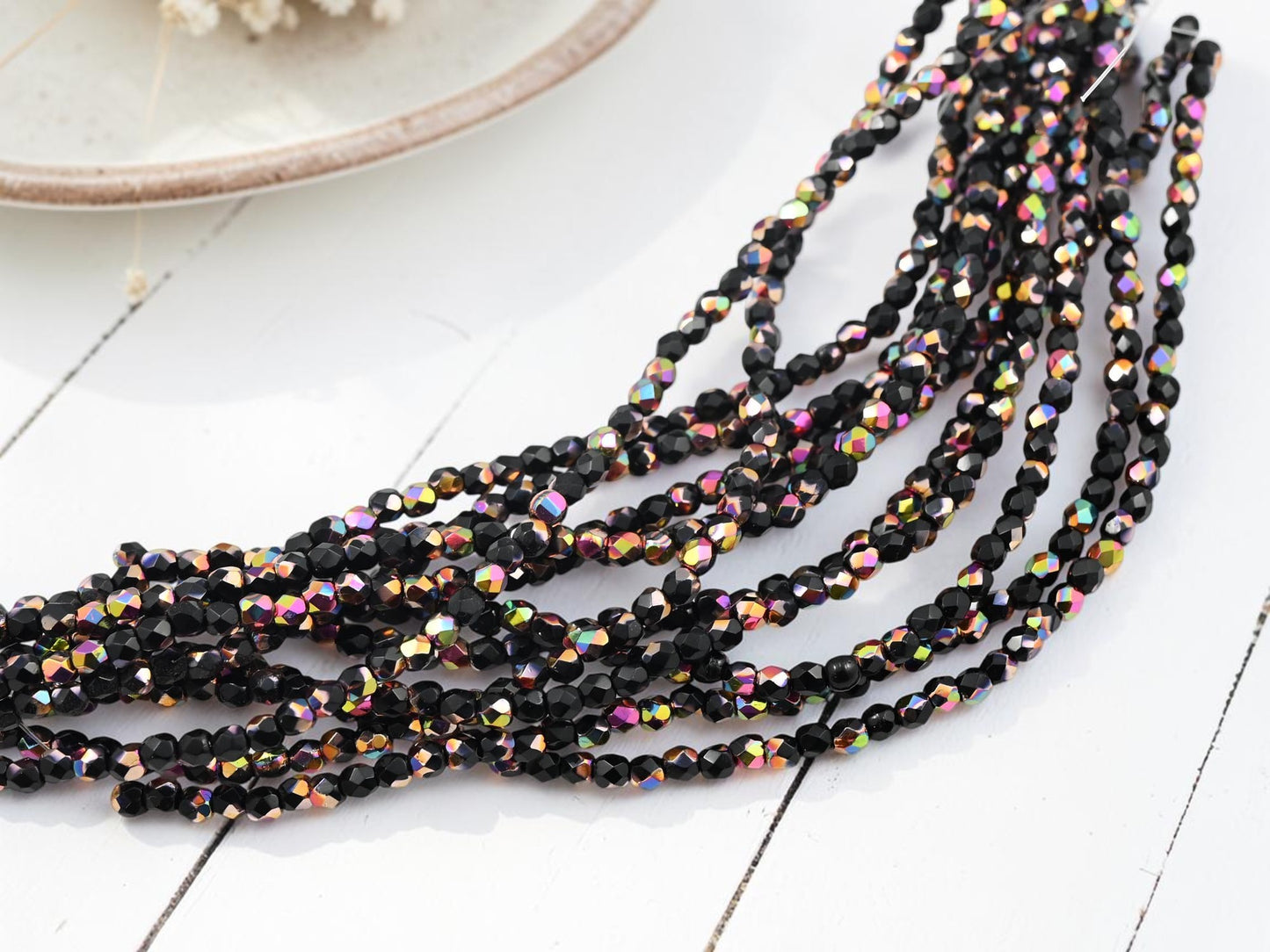 50* 3mm Jet Marea Fire Polished Round Beads