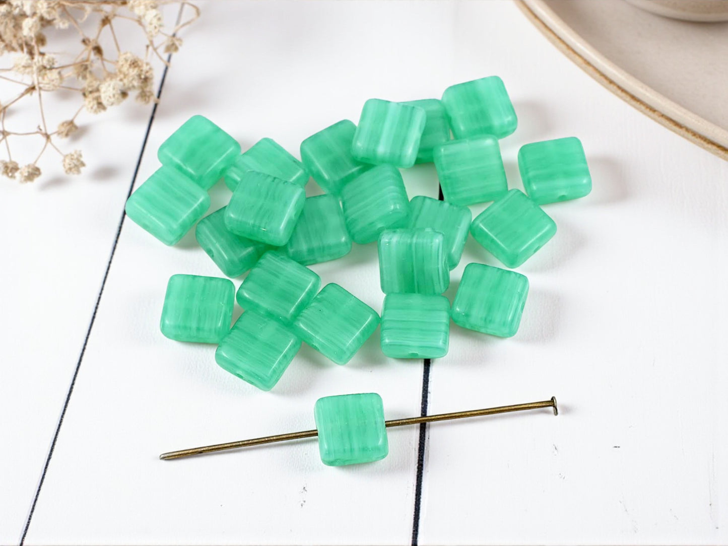 *15* 10mm Striped Green Flat Square Beads