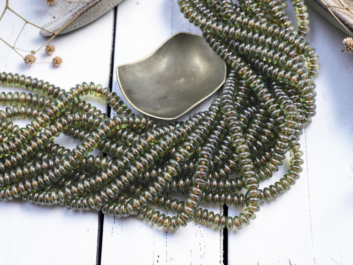 *100* 4x2mm Green Luster Picasso Smooth Rondelle Beads