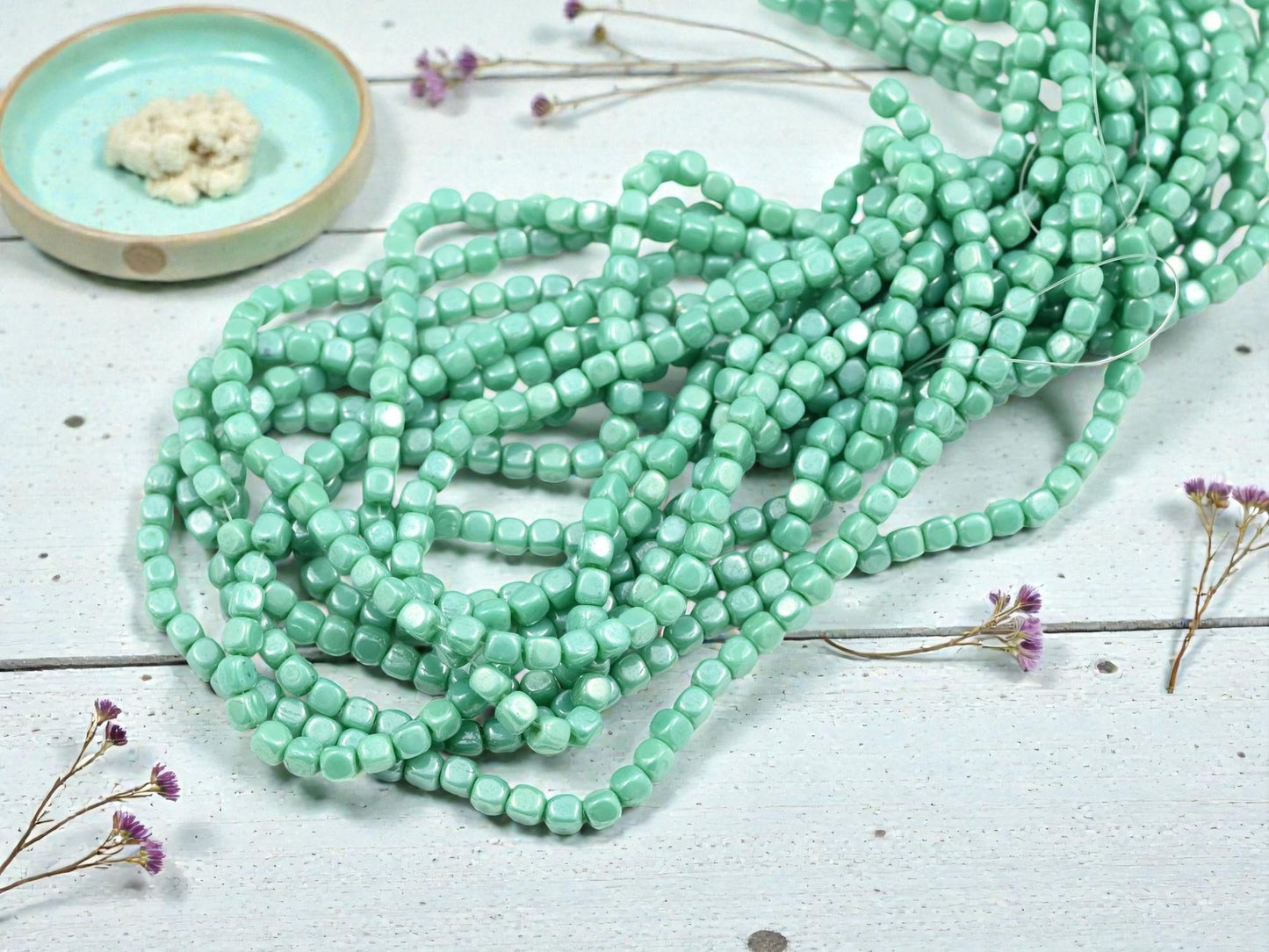 *100* 4mm Opaque Turquoise Luster Cube Beads