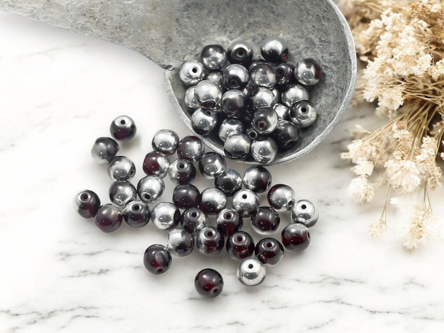 *50* 6mm Silvered Garnet Round Duk Beads