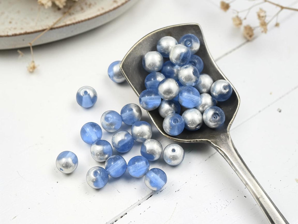 *50* 6mm 1/2 Silver Sky Blue Round Druk Beads
