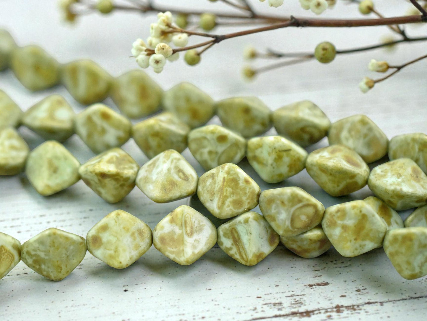 *13* 11mm Bronzed Moss Green Picasso Large Pinch Beads