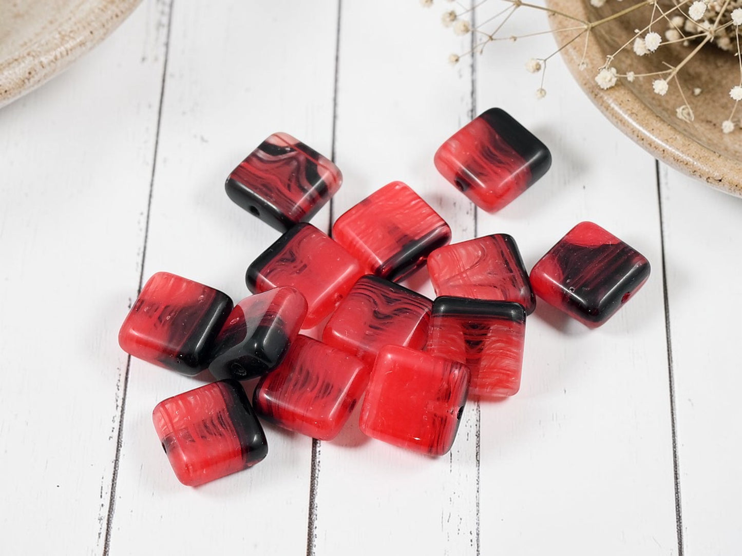 *15* 10mm Red + Black Flat Square Beads