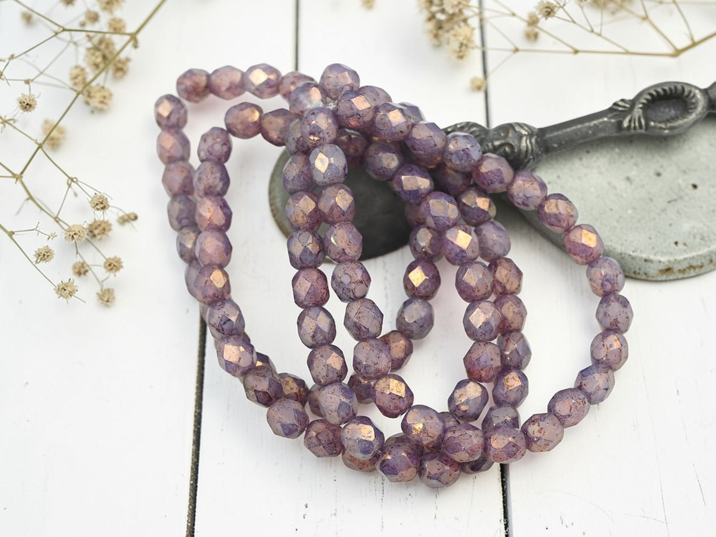 *25* 6mm Lilac Opal Luster Picasso Fire Polished Round Beads