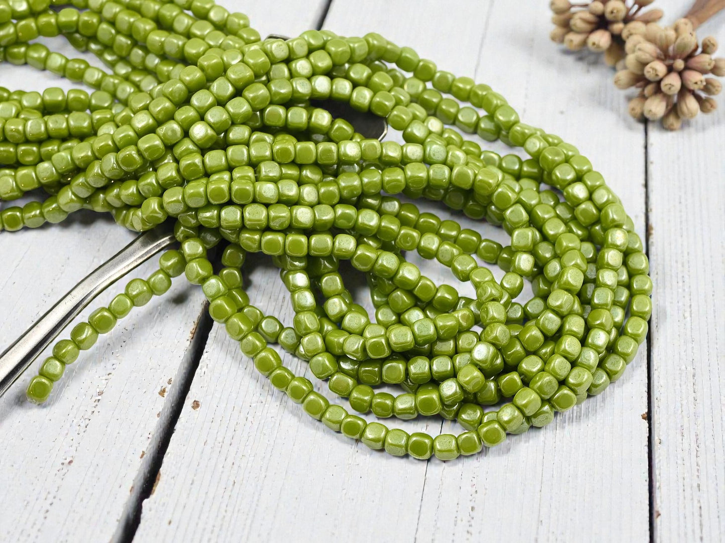 *100* 4mm Opaque Olive Green Luster Cube Beads