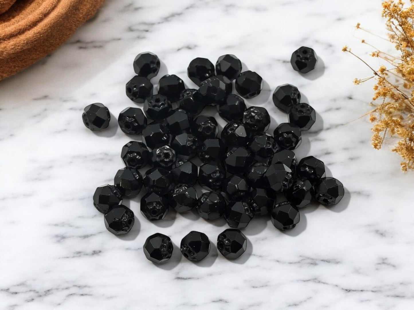 *50* 6mm Jet Black Fire Polished Round Rosebud Beads