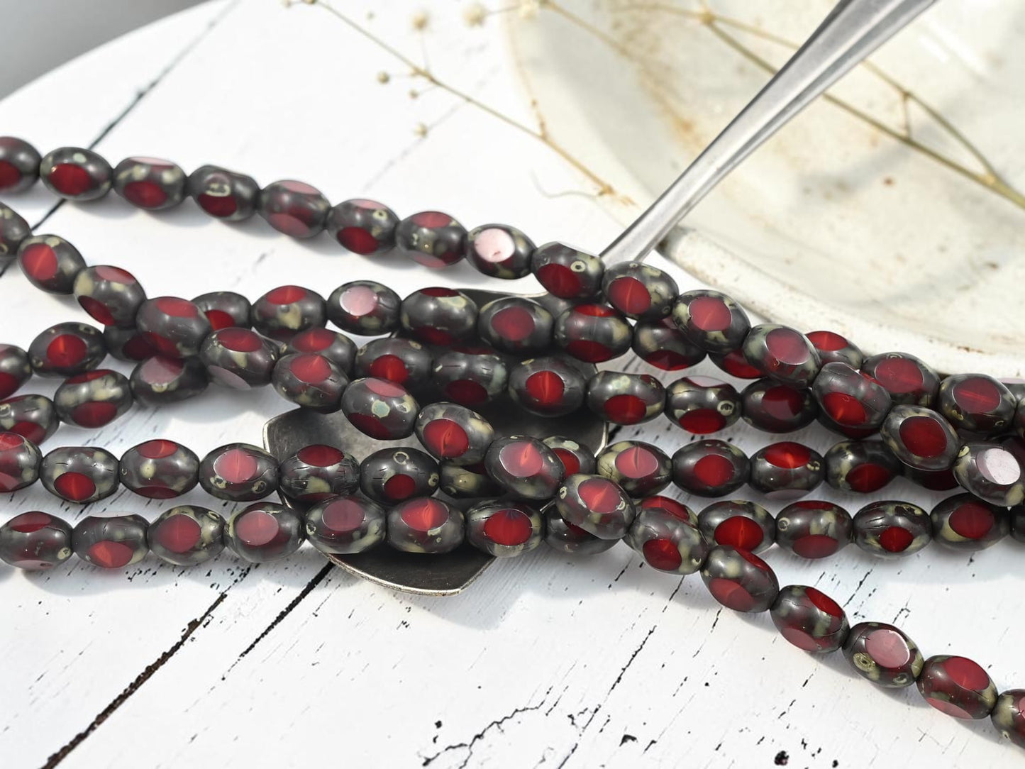 *18* 6x8mm Red Opaline Travertine 3 Sided Oval Beads