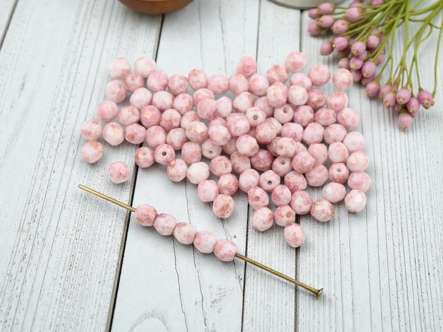 *100* 4mm Alabaster Pink Picasso Fire Polished Round Beads
