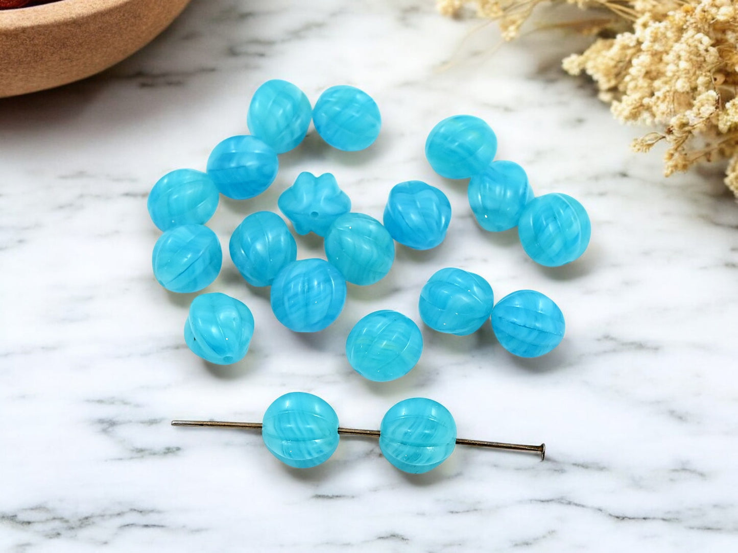 *15* 10mm Blue Aqua Swirl Round Melon Beads