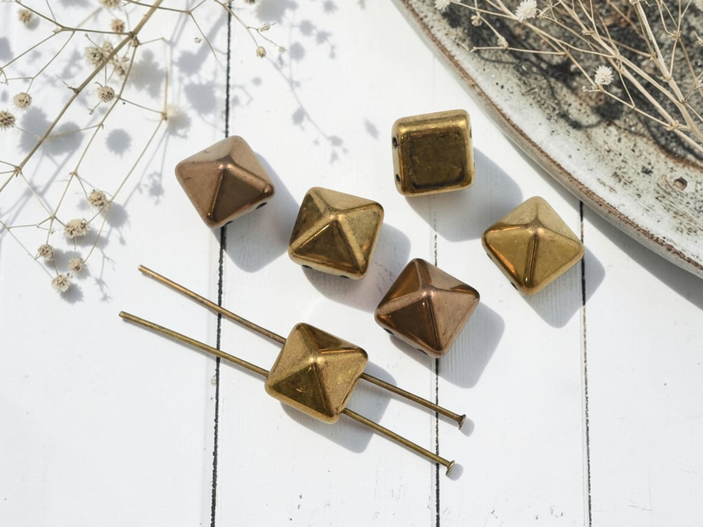 *6* 12mm Metallic Bronze 2 Hole Pyramid Stud Beads