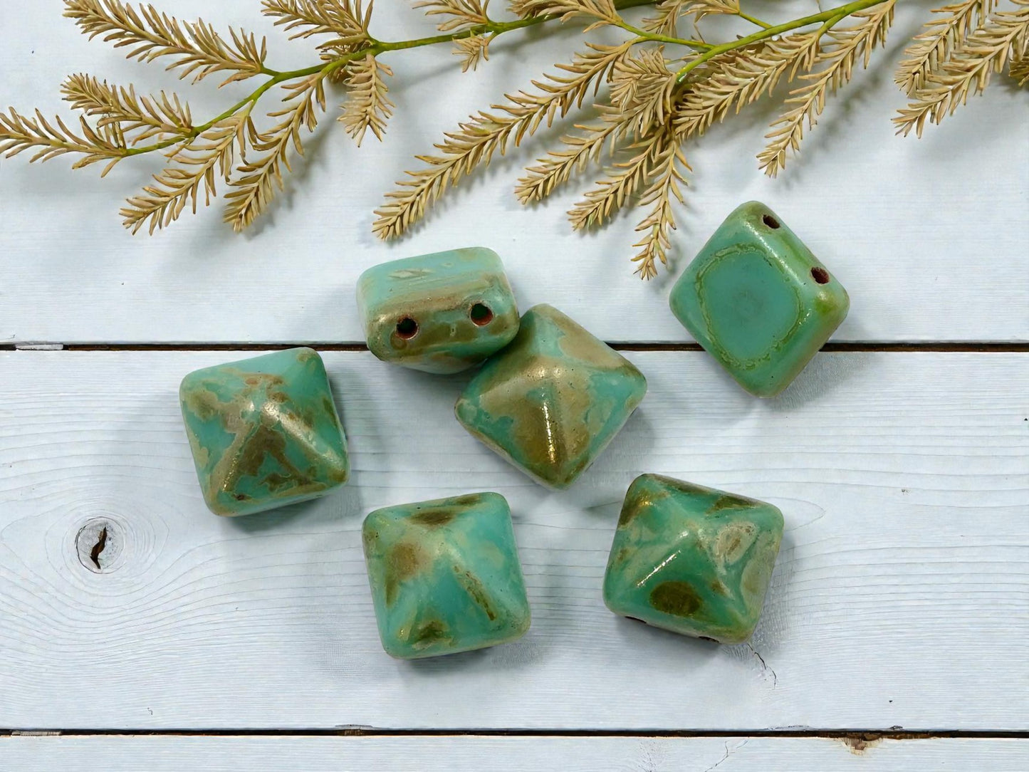 *6* 12mm Turquoise Bronze Picasso 2 Hole Pyramid Stud Beads