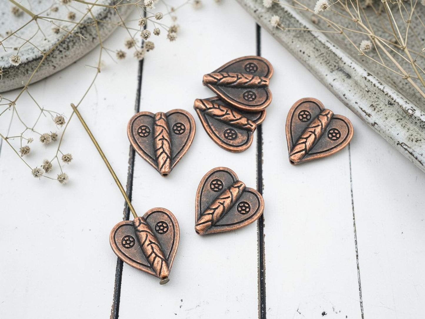 *6* 16mm Antique Copper Metal Heart Beads