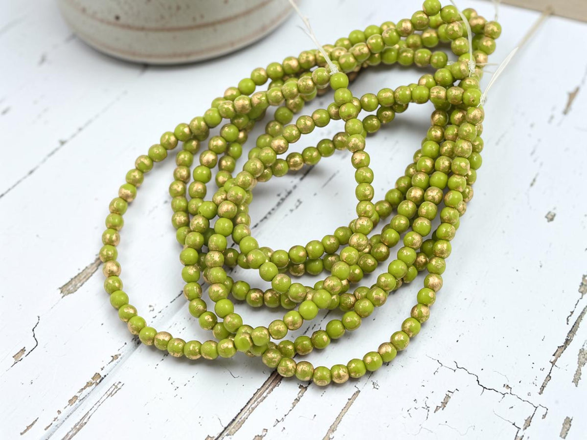 *50* 3mm Gold Speckled Chartreuse Green Round Druk Beads