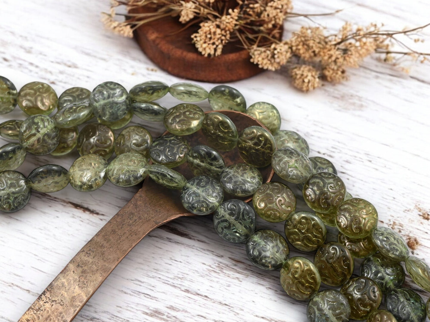 *15* 13mm Olive Green Celsian Paisley Button Beads