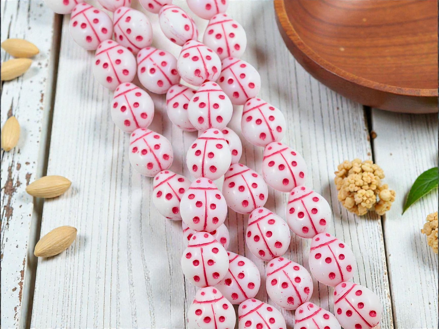 *15* 11x13mm Pink Washed Opaque White Ladybug Beads