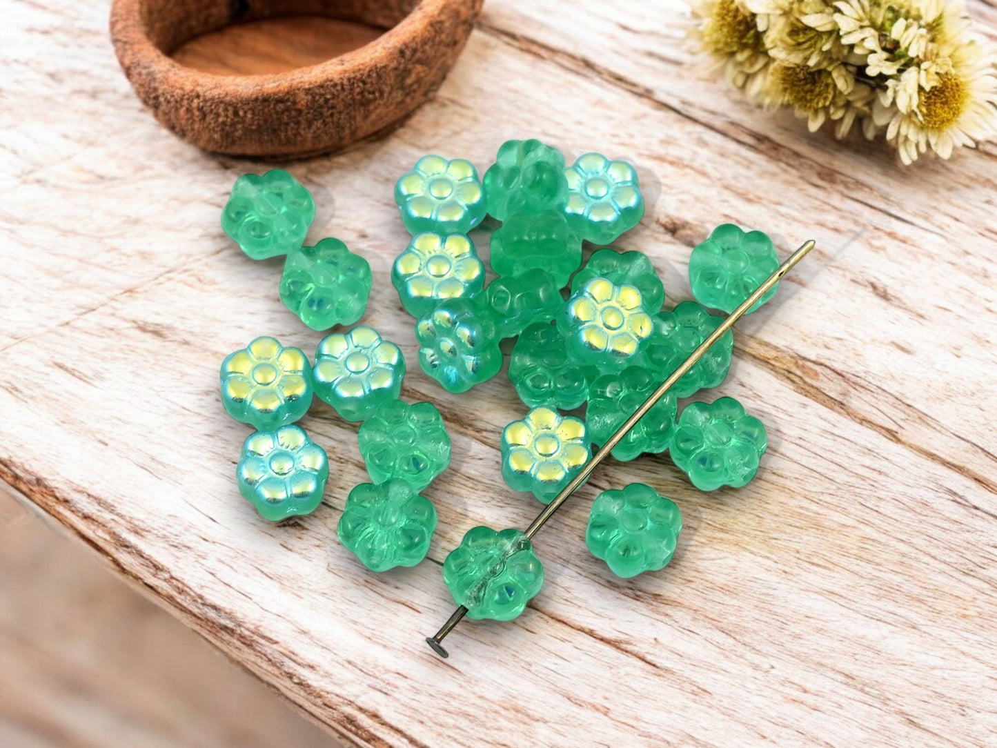 *50* 8mm Teal Green AB Flower Coin Beads