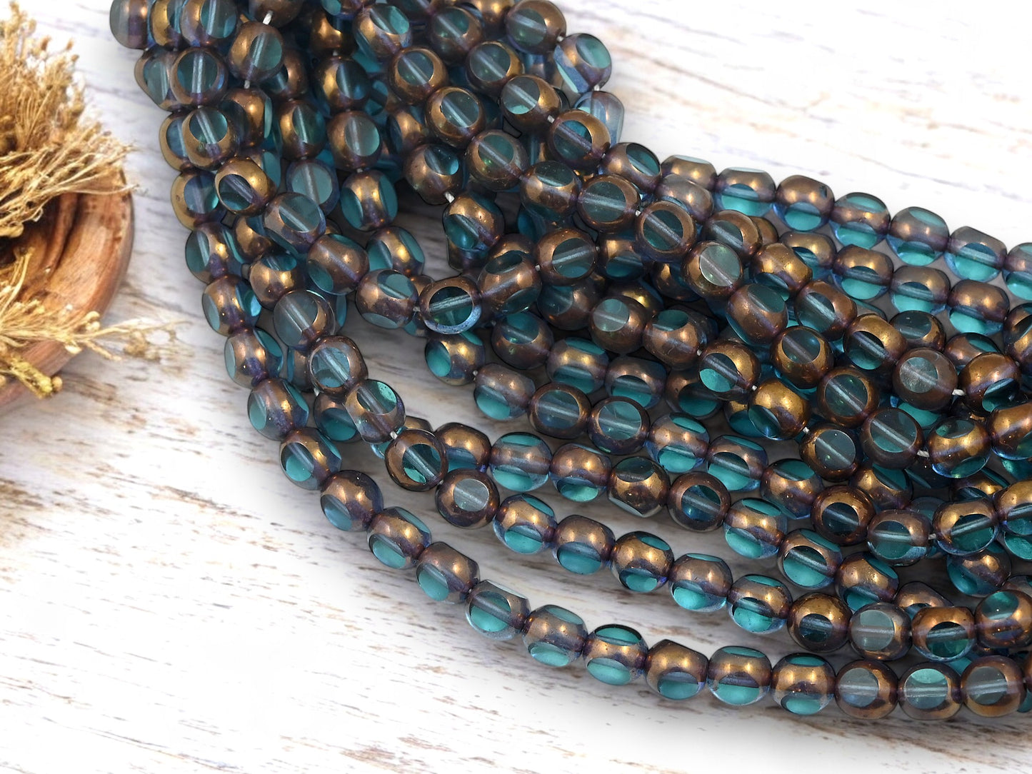*25* 6mm Bronze Washed Aqua 3 Sided Round Beads