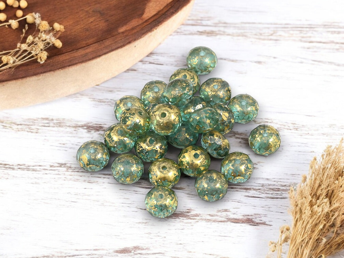 *25* 6x8mm Gold Washed Green Aqua Fire Polished Rondelle Beads
