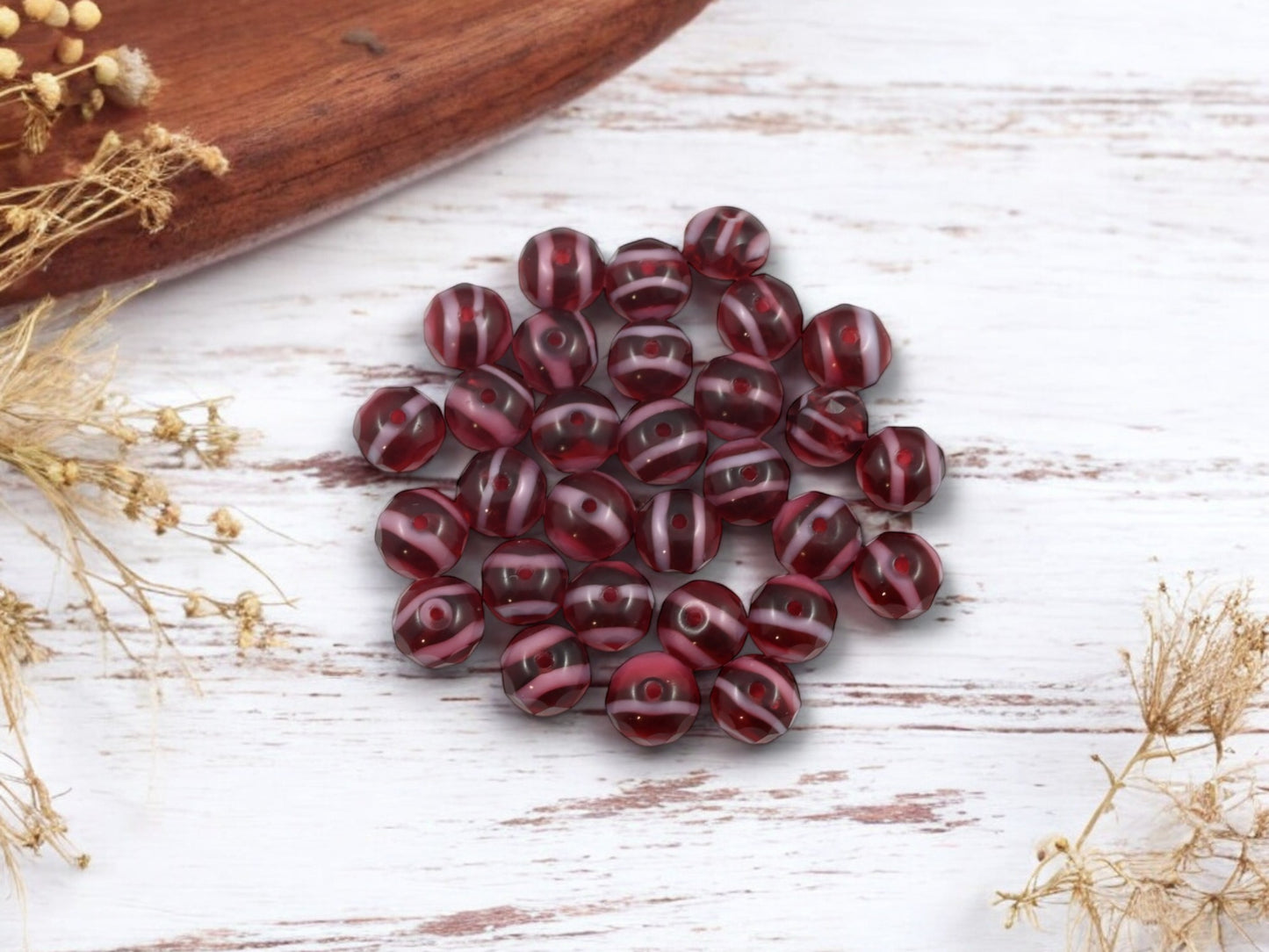 *25* 6x9mm Striped Cranberry Fire Polished Rondelle Beads