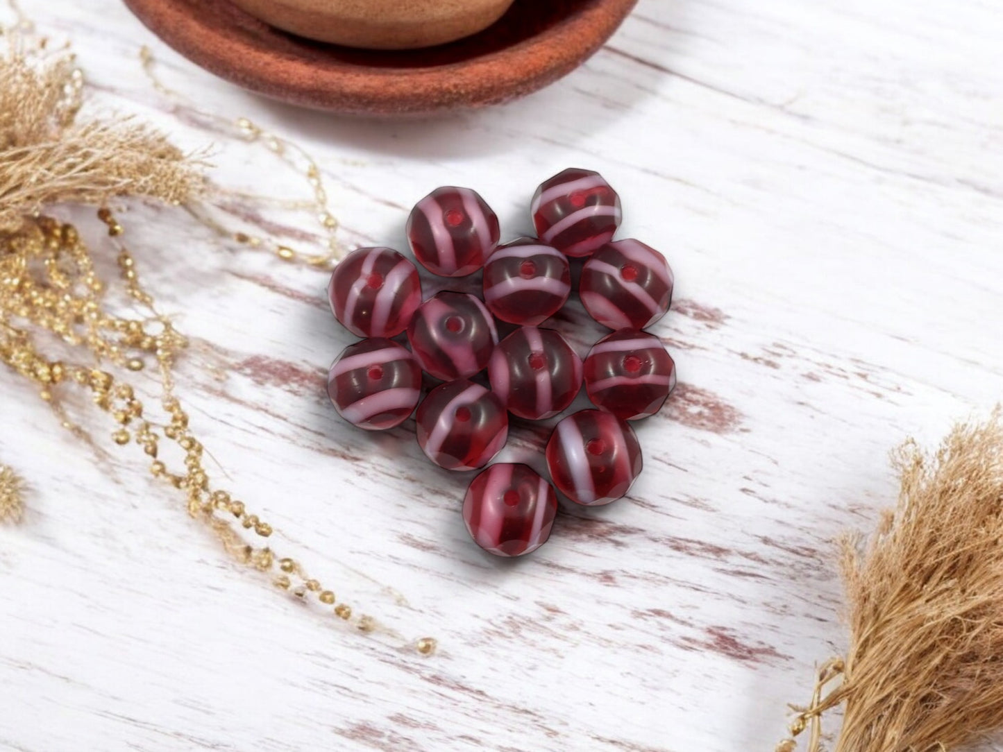 *25* 6x9mm Striped Cranberry Fire Polished Rondelle Beads
