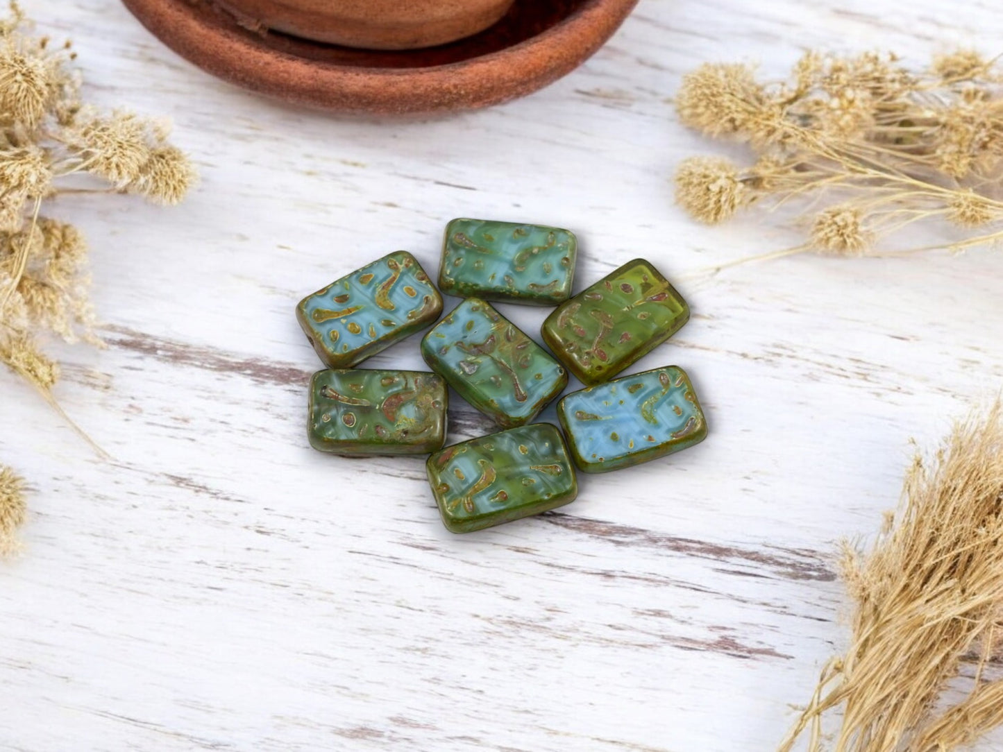 *8* 19x12mm Blended Blue Green Picasso Engraved Rectangle Beads