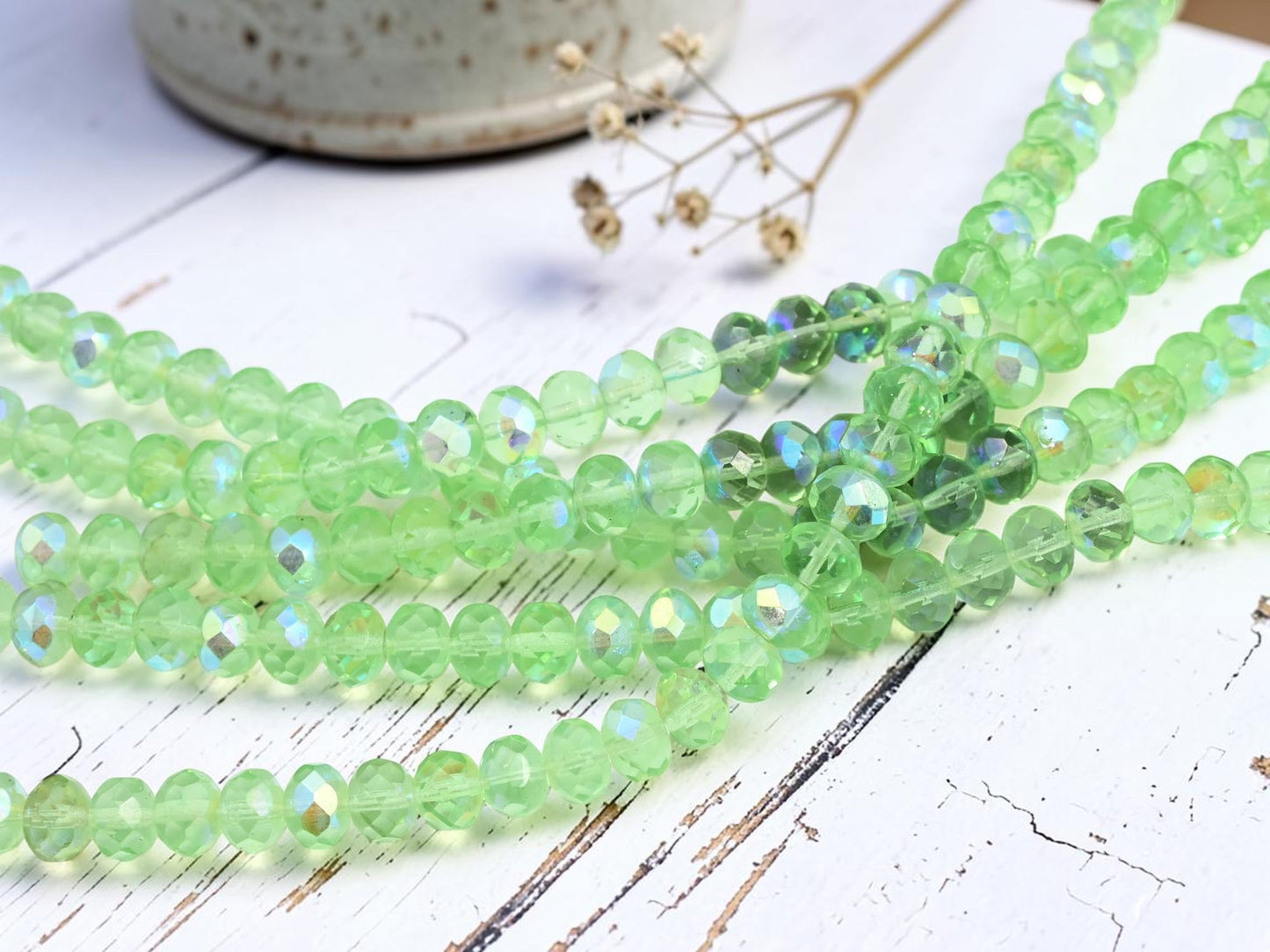 8x6mm Peridot AB Fire Polished Rondelle Beads - 8" Strand